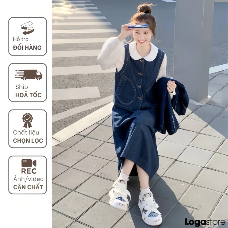 Set váy denim nữ phong cách vintage, set áo gile kèm chân váy dáng dài chất bò giấy Logastore _L246