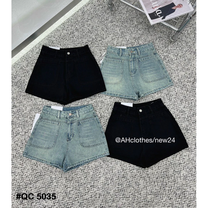 Quần short nữ chất jean mềm cạp cao mix túi hông, Quần sooc đen đùi nữ hack dáng