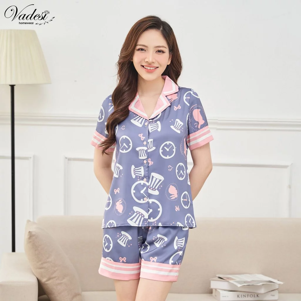 Đồ Bộ VADESI pijama quần đùi áo cộc mẫu mũ xanh chất lụa latin mềm mại thoáng nhẹ màu sắc sang trọng