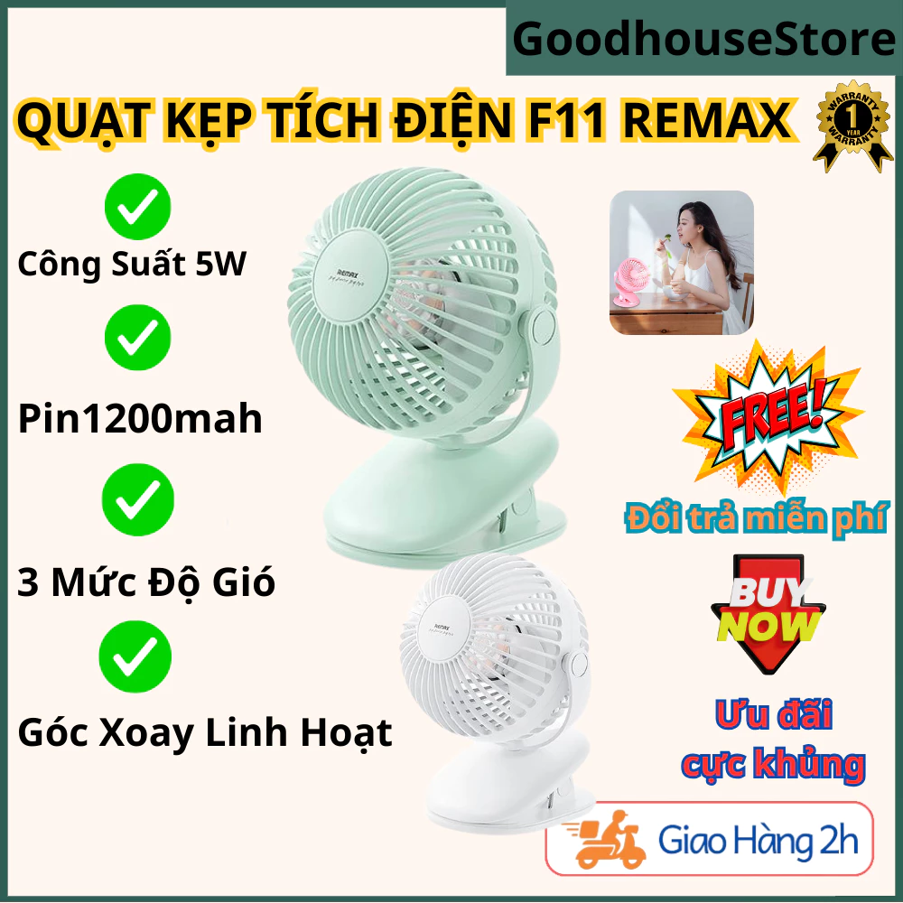 {HỎA TỐC}Quạt sạc tích điện để bàn hoặc kẹp Remax F11 pin 1200mAh, 3 chế độ gió, xoay 360 độ, Nhỏ gọn, tiện lợi