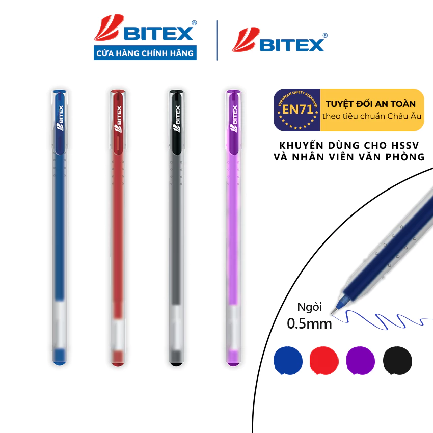 Bút gel Bitex mực xanh, đen, tím, đỏ G04
