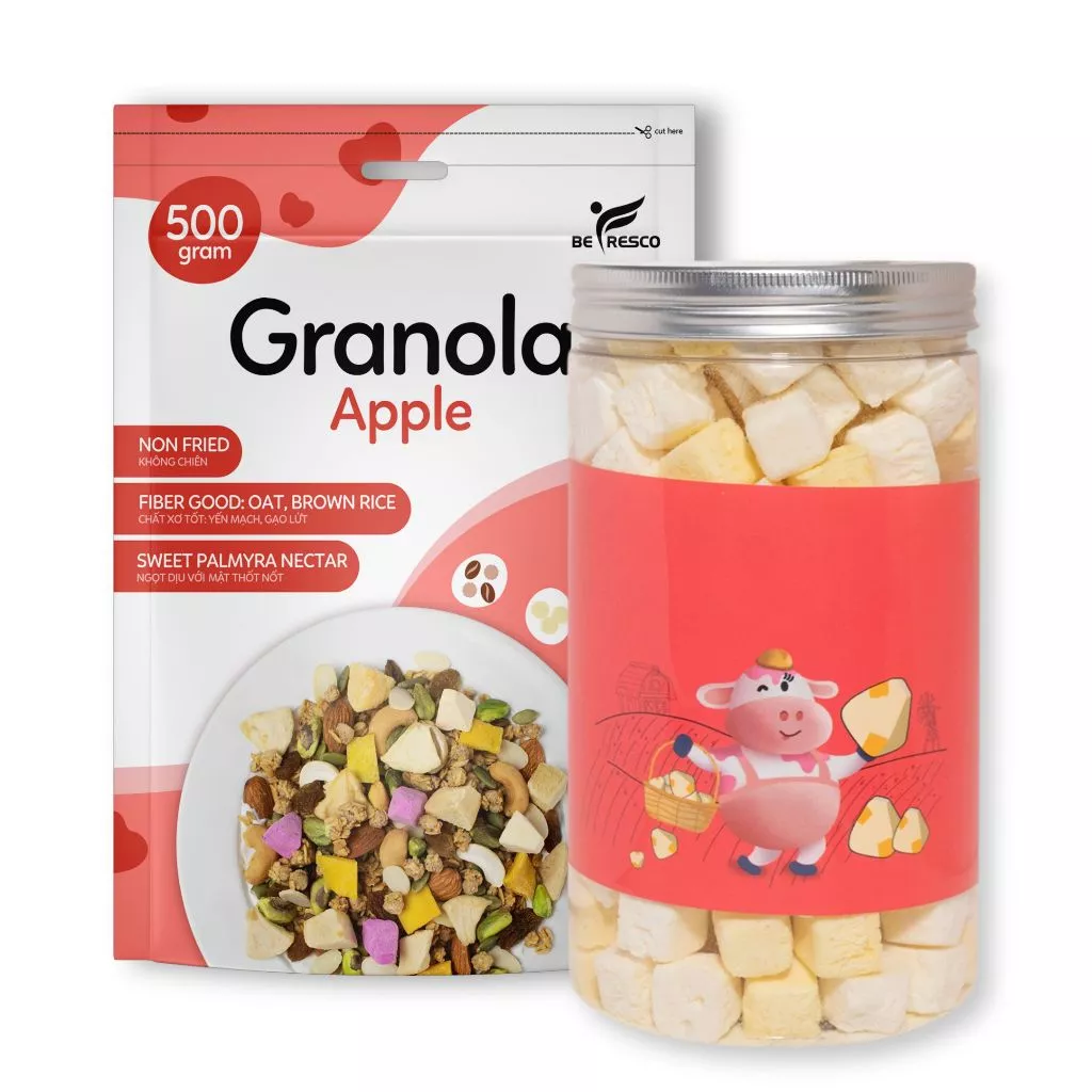 *1 Túi Granola Nhiều Topping 80% Hạt Ngũ Cốc + 1 Hũ Sữa Chua Sấy Ăn Liền, Ít Đường Befresco