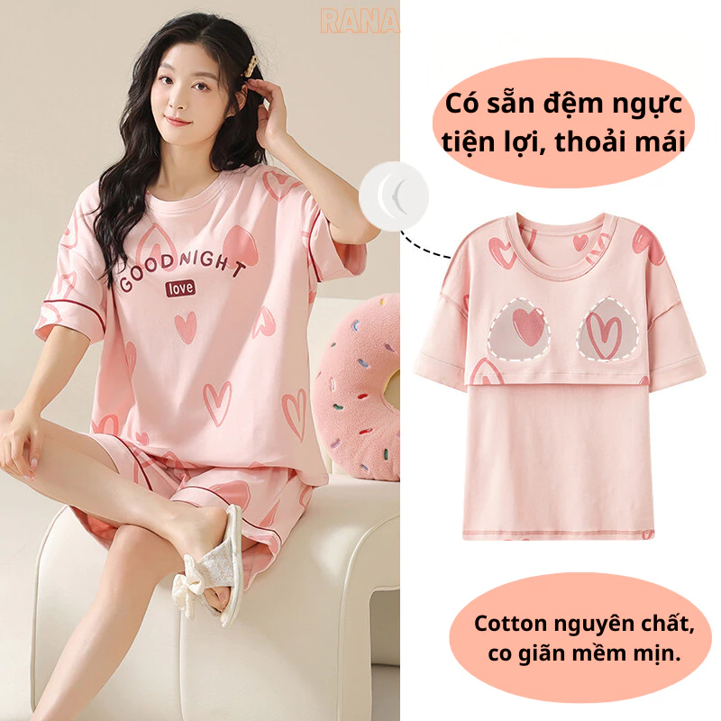 Bộ đồ ngủ nữ RaNa shop trẻ trung Có đệm ngực Chất mềm phù hợp bạn nữ không thích mặc bra