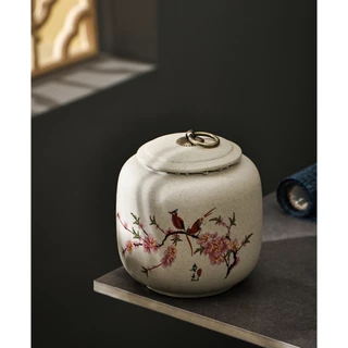 Hũ trà gốm vẽ tay họa tiết hoa đào và hoa sen kiểu cổ. Bình gốm bảo quản trà