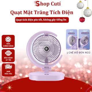 Quạt Mặt Trăng Tích Điện Mini Để Bàn 4 Cấp Độ Gió, Động Cơ Không Tiếng Ồn Pin Khủng 18000mAh Tích Hợp Đèn Ngủ Sạc USB