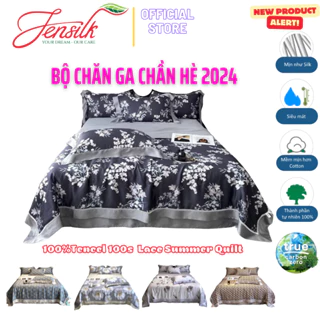 [Nhiều mẫu] Bộ chăn ga gối cao cấp 100%Tencel 100s Digital Print, Bộ 4 món chăn chần hè phối ren siêu mềm mát mịn