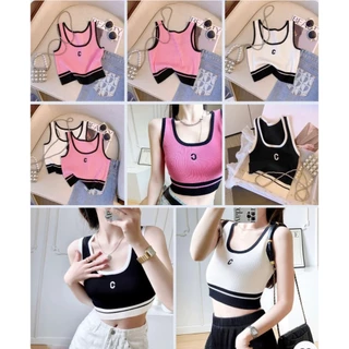 AB45 Áo Croptop 2 dây bản to thêu chữ C. Áo ba lỗ nữ chất thun gân cao cấp thời trang nữ (hàng QC)