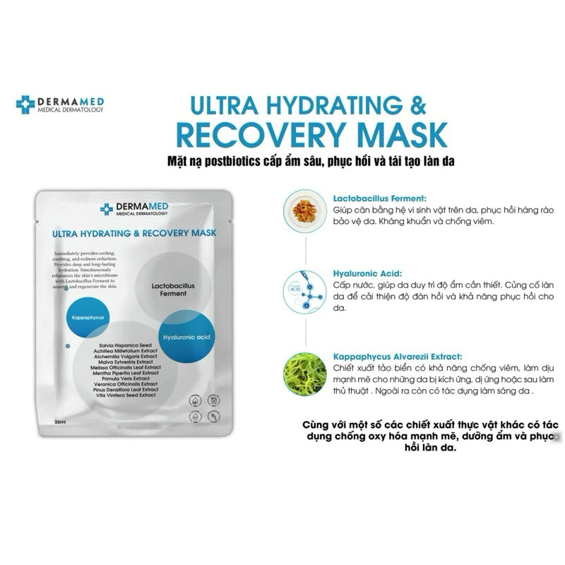 (Hộp 10m)DERMAMED ultra hydarating and recovery mask.mặt nạ probiotic cấp ẩm sâu, phục hồi tái tạo làn da