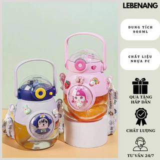 Bình nước cute nắp kín 900ml, bình đựng nước cho bé kèm ống hút và quai đeo Lebenang HCOM2086