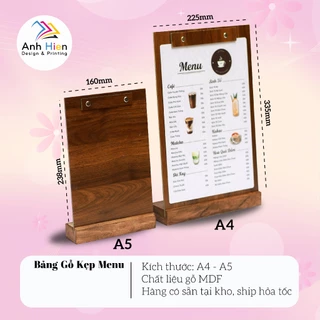 menu gỗ size A4, bảng gỗ kẹp menu a4, standee menu a4, menu gỗ để bàn, menu gỗ khắc logo