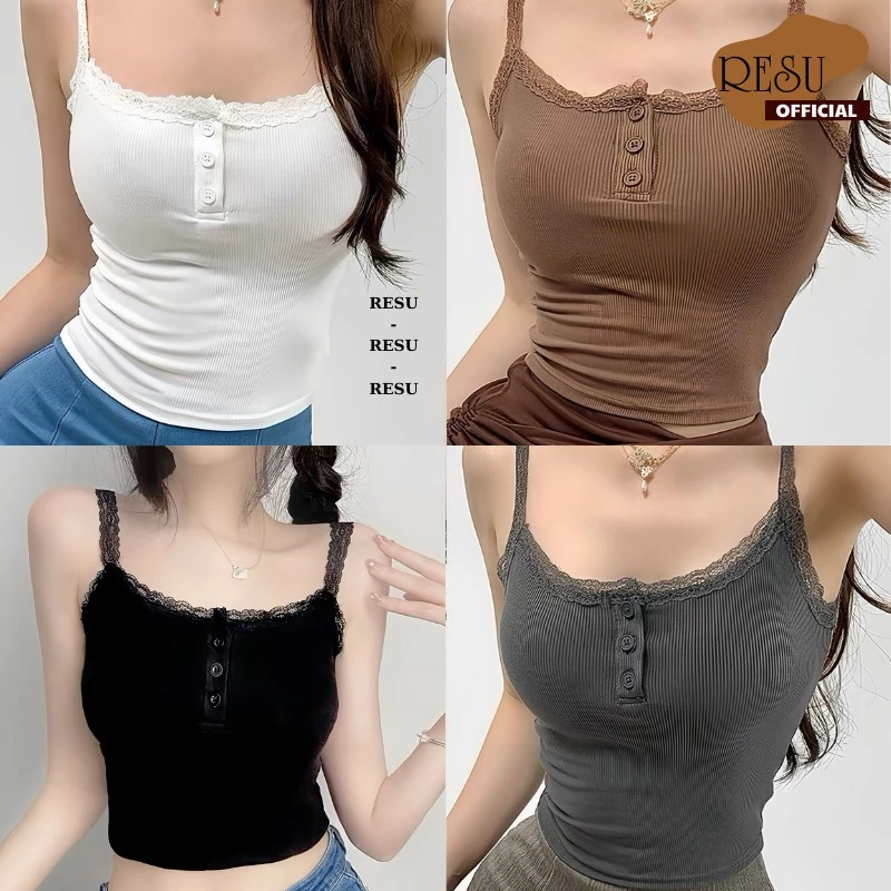 Áo Hai Dây Crotop 3 Nút Phối Ren Dáng Ôm , Áo 2s Đi Biển Dây Ren Nút Gài Form Ôm Sexy RESU