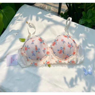 [Size S,M,L-32,34,36] Set Nội Y Hoa Nhí Cam - Nội Y Đồ Lót Gồm Áo Lót Và Quần Lót Ren Phối Vải Lưới cực Mềm Mịn Hi Peach