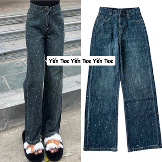 ( HOT 2024- MA ) Quần jeans ống xuông đính đá Yến Tee, màu xanh rêu trầm đẹp lạ , quần che khuyết điểm , quần jeans nữ