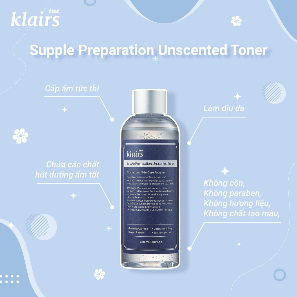 Nước hoa hồng Dear, Klairs Supple Preparation Unscented Toner 180ml