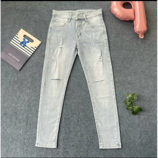 Quần jean Nam Xanh Nhạt rách gối ngang co giãn bốn chiều, quần bò nam dễ phối đồ chất jean denim