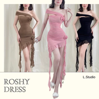 ROSHY - Đầm thun lưới Mesh ôm body, hoa cài nổi chéo vai sang trọng tôn dáng