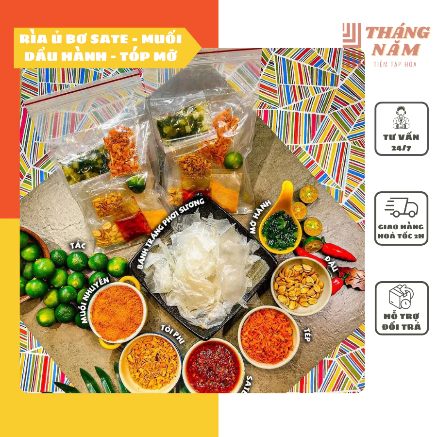 Bánh tráng phơi sương rìa ủ bơ 100g sate, muối nhuyễn, ớt rim, tóp mỡ, muối bò siêu cay - Tiệm tạp hoá tháng năm