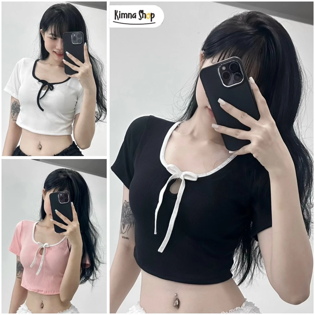 Áo Croptop Ngắn Tay Basic Khoét Ngưc Thắt Nơ Xinh Xắn