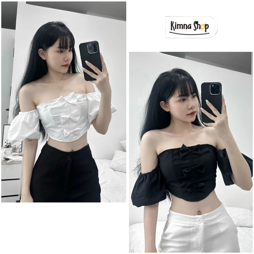 (CÓ MÚT NGỰC) Áo Croptop Cúp Ngực Trễ Vai Tay Bồng Vạt Bầu Phối 3 Nơ Tiểu Thư