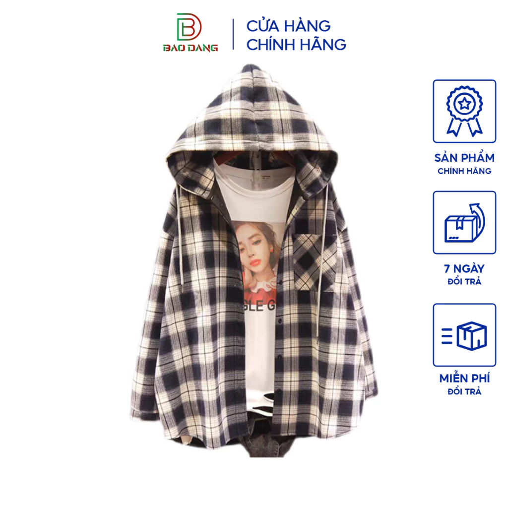 Áo khoác sơ mi có nón 2 lớp from rộng unisex sọc caro đi nắng cách nhiệt tốt mẫu 2024 Bảo Đăng.