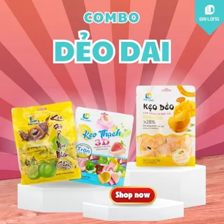 COMBO DẺO DAI Đại Long gồm 3 túi: kẹo xoài bóc vỏ, kẹo thạch mochi 3D , kẹo dẻo ô mai nhân chảy