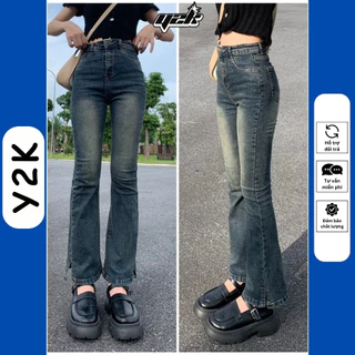 Quần bò loe nữ jean cạp cao màu xanh than, quần rin ống loe co giãn, jeans lưng cao xẻ gấu Y2K