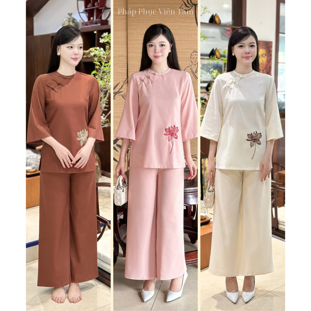 Bộ Pháp Phục Viên Tâm Chất Liệu Linen Thêu Hoa Sen Dưới Tà Áo 3 Màu Kiểu Dáng Đơn Giản