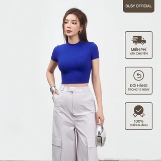 Áo Ngắn Tay Nữ Cổ Bo Sát Dáng Croptop BUSY Thun Tăm Rayon Co Giãn Ôm Sát NT22C