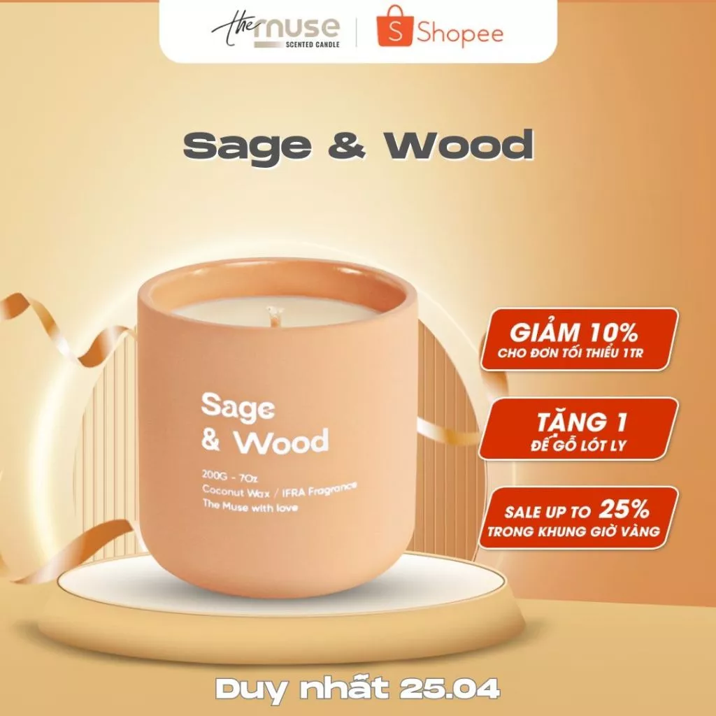 Nến thơm thủ công Sage & Wood The Muse cao cấp - Mã MUSE016 - Hương Xô Thơm & Gỗ Palo Santo - 100g/200g/Set q