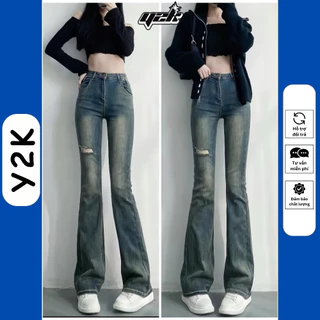 Quần jean nấm lùn 9 tấc nữ ống loe cạp cao rách đùi, quần bò rin 90cm co giãn, jeans retro lưng cao Y2K