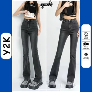 Quần jean cho nấm lùn ống loe nữ 9 tấc màu đen cạp cao, quần bò rin 90cm co giãn, jeans lưng cao Y2K