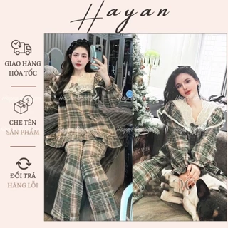 HT709 Bộ pijama tiểu thư kẻ ô phối ren sang chảnh, set đồ ngủ bánh bèo dáng dài tôn dáng HT709