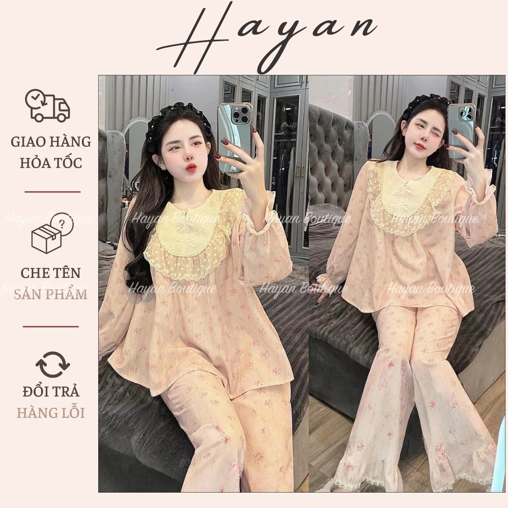 HT701 Bộ pijama tiểu thư cổ tàu phối ren sang chảnh, set đồ ngủ dáng dài tôn dáng HT701