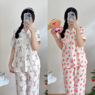 Đồ ngủ mặc nhà không nhăn, đồ pyjama nữ vải xốp - cộc tay cực xinh Clovie