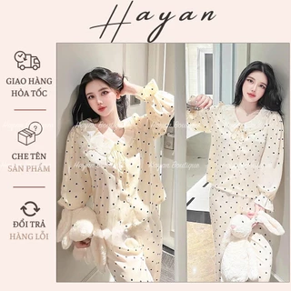 HT799 Bộ pijama lụa hoạ tiết chấm bi sang chảnh, set đồ ngủ tiểu thư dáng dài tôn dáng HT799