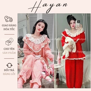 HT736 Bộ pijama tiểu thư cổ tròn phối ren bèo sang chảnh, set đồ ngủ bánh bèo dáng dài tôn dáng HT736