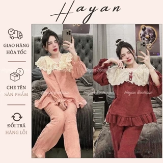 HT730 Bộ pijama tiểu thư phối ren bèo sang chảnh, set đồ ngủ dáng dài tay bo tôn dáng HT730