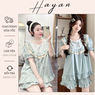 HT648 Bộ pijama tiểu thư hoạ tiết ren sang chảnh,set đồ ngủ bánh bèo tôn dáng HT648