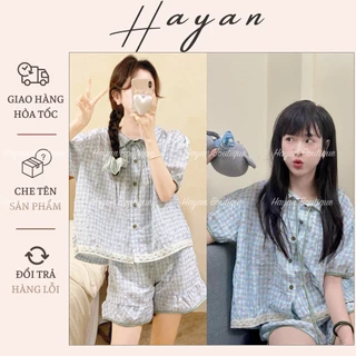 HT649 Bộ pijama tiểu thư kẻ caro hoạ tiết hoa nhí sang chảnh,set đồ ngủ bánh bèo tôn dáng HT649