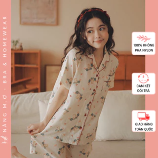 Bộ đồ mặc nhà nữ pyjamas áo cộc quần đùi siêu mềm mát cotton tự nhiên viền đỏ Rabbit