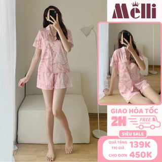 Set quần áo pijama bộ mặc nhà chất lụa Latin cao cấp, Bộ quần áo ngủ lụa nữ họa tiết sóng hồng dễ thương BDD01