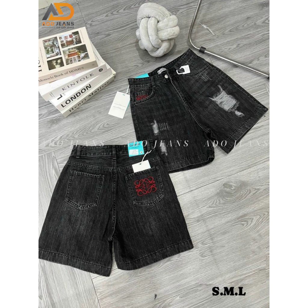 Quần short Jeans nữ cạp cao rách nhẹ tạo kiểu 2 bên,quần lững túi thêu chuẩn form tôn dáng-chất Jeans bò dày mịn đẹp