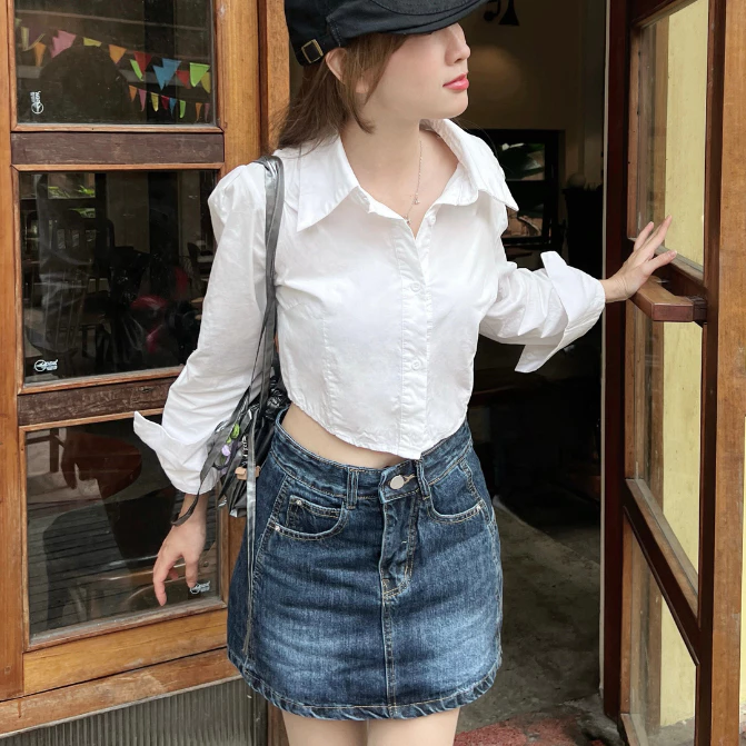 Chân váy jean bò nữ ngắn có lót trong cạp lưng cao chất denim không co giãn có túi sườn kiểu Meisy