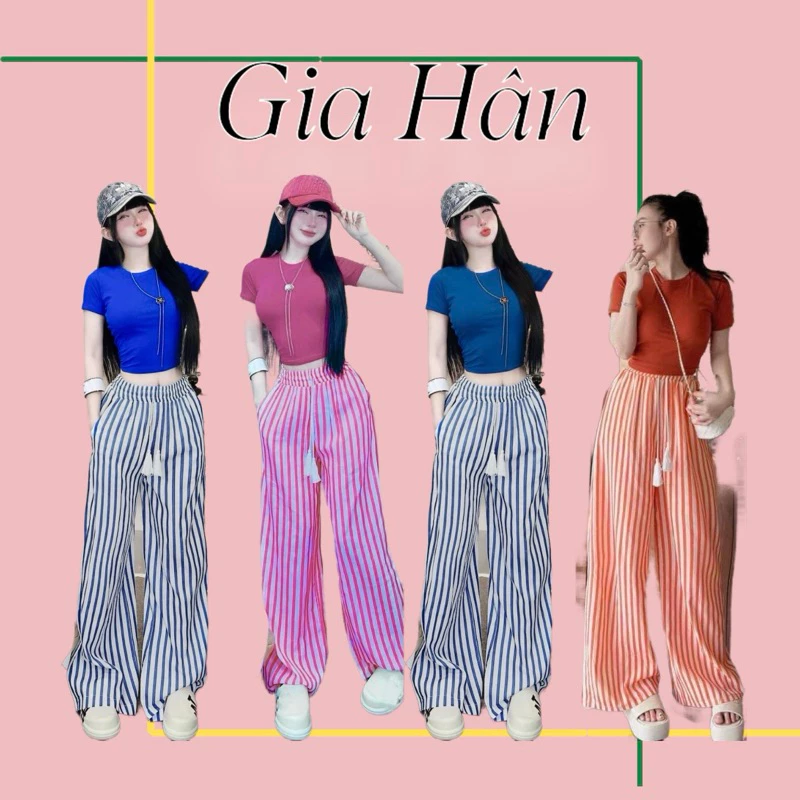 Sét bộ áo cổ tròn tay ngắn croptop + quần sọc dài suông chất đũi linen