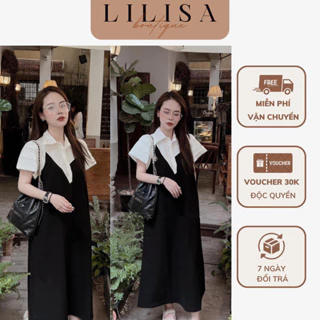 Váy bầu đẹp LILISA, đầm bầu dáng babydoll cổ sở mi phối 2 màu đen trắng thanh lịch nhã nhặn phù hợp đi công việc dự tiệc