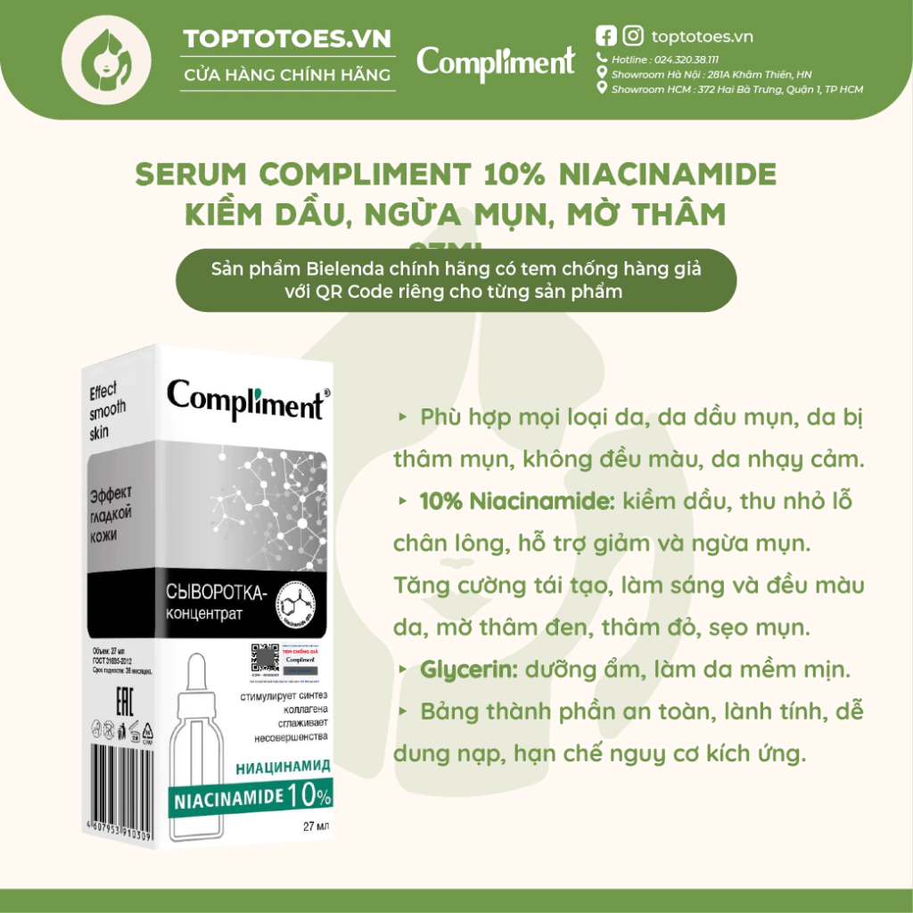 Serum Compliment 10% Niacinamide kiềm dầu, ngừa mụn, mờ thâm 27ml