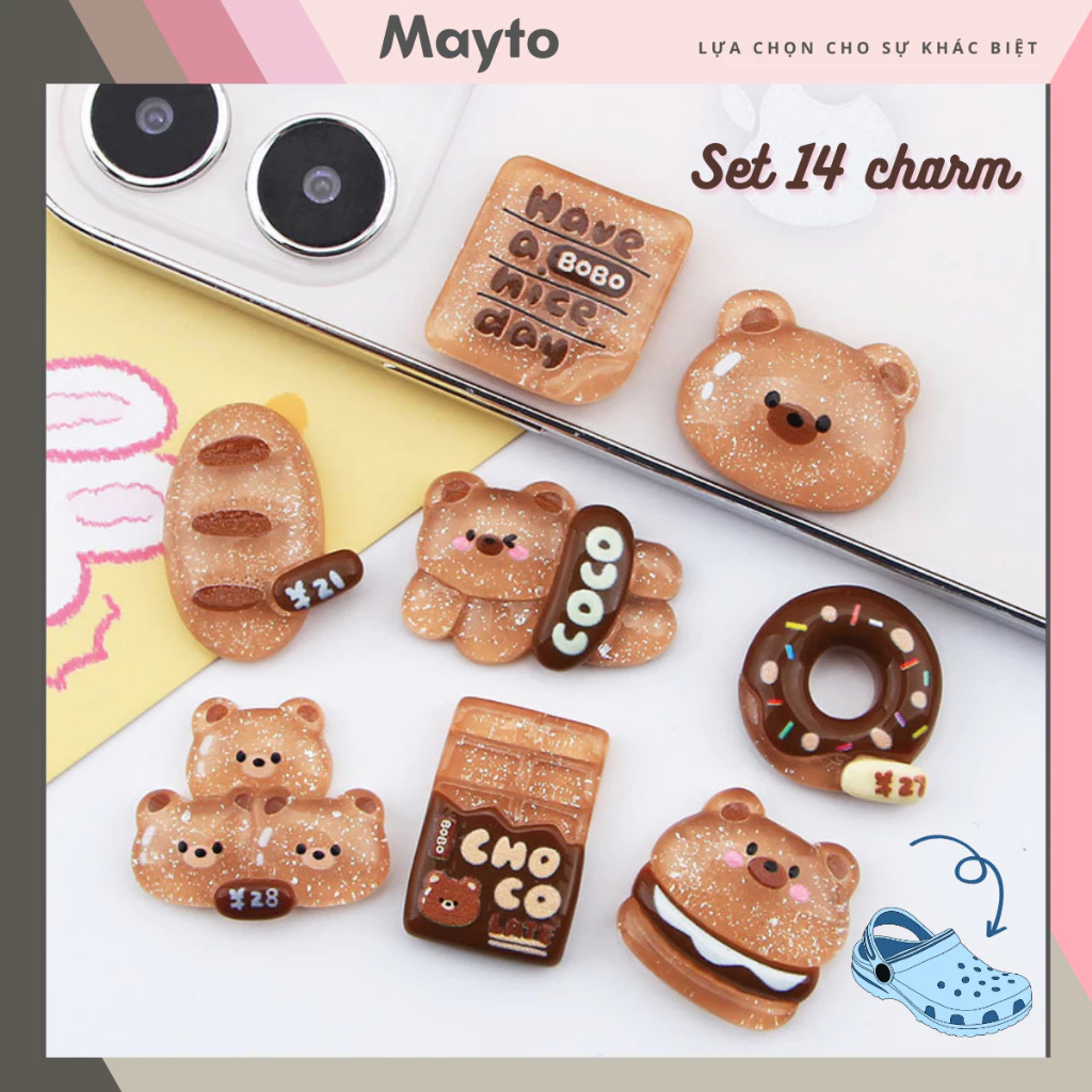 Bộ 14 Sticker, Charm 3D chủ đề gấu Choco Mayto gắn Dép Sục, Cá Sấu JB-163