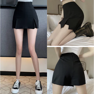 Quần short nữ giả váy TOTOSA màu đen cạp lưng cao xẻ 2 bên ôm dáng_TT5