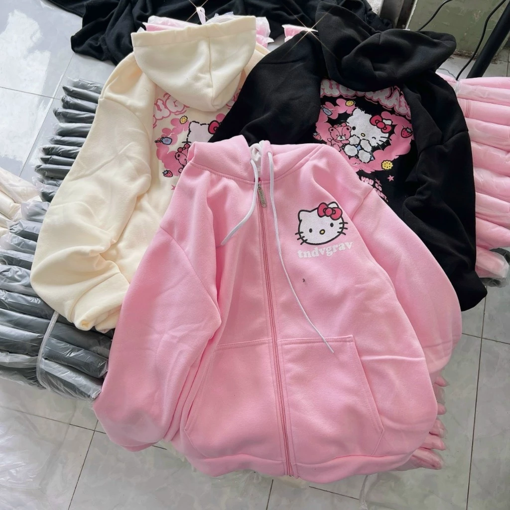 Áo Khoác Thun Len Nỉ , tay Dài Hình Mèo Cute Kiểu Unisex -  Áo Hoodie Có Dây Kéo Zip Tay Phồng Nam Nữ Jacket Đen