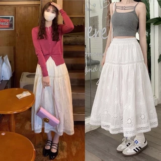 [HÀNG LOẠI 1]Chân váy trắng ren hoa dáng midi style Ulzzang